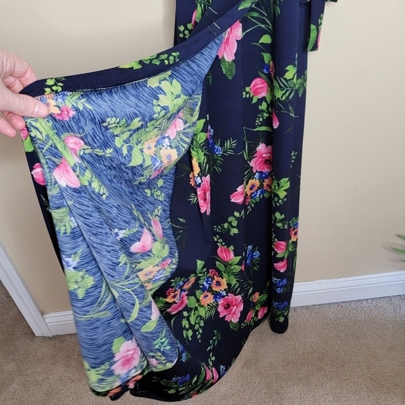 Le Lis | Navy Green Pink Floral Sleeveless Faux Wrap Maxi Dress Size Large - Picture 4 of 7